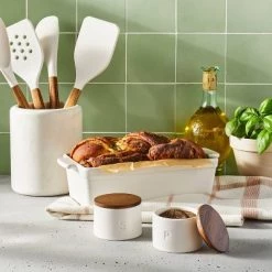 Set of 2 Stoneware Salt and Pepper Cellar with Wood Lid Cream - Figmint™